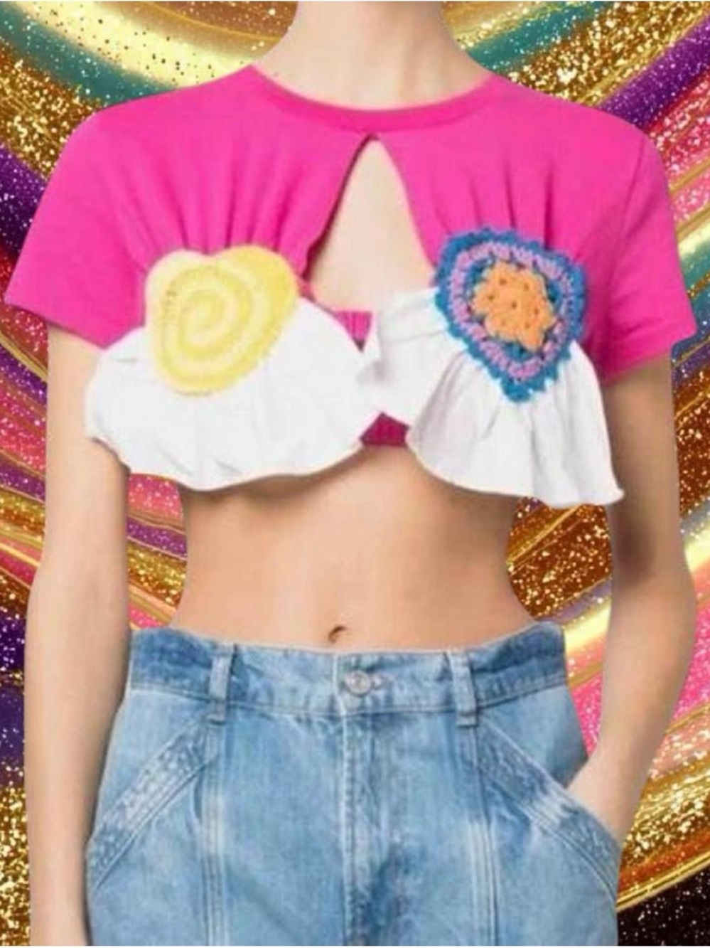 Hot Pink Cropped Keyhole Top with White Ruffle and Crochet Patches